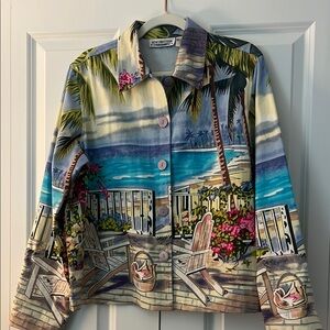New Direction Tropical Beach Scene Button-Up Shirt Sz L